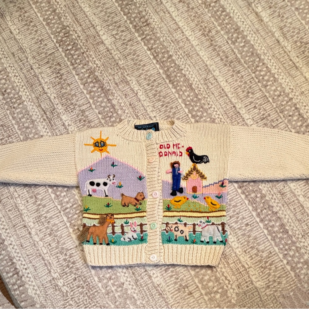 Charming  Handmade Cream Farm-Themed Kids Cardigan